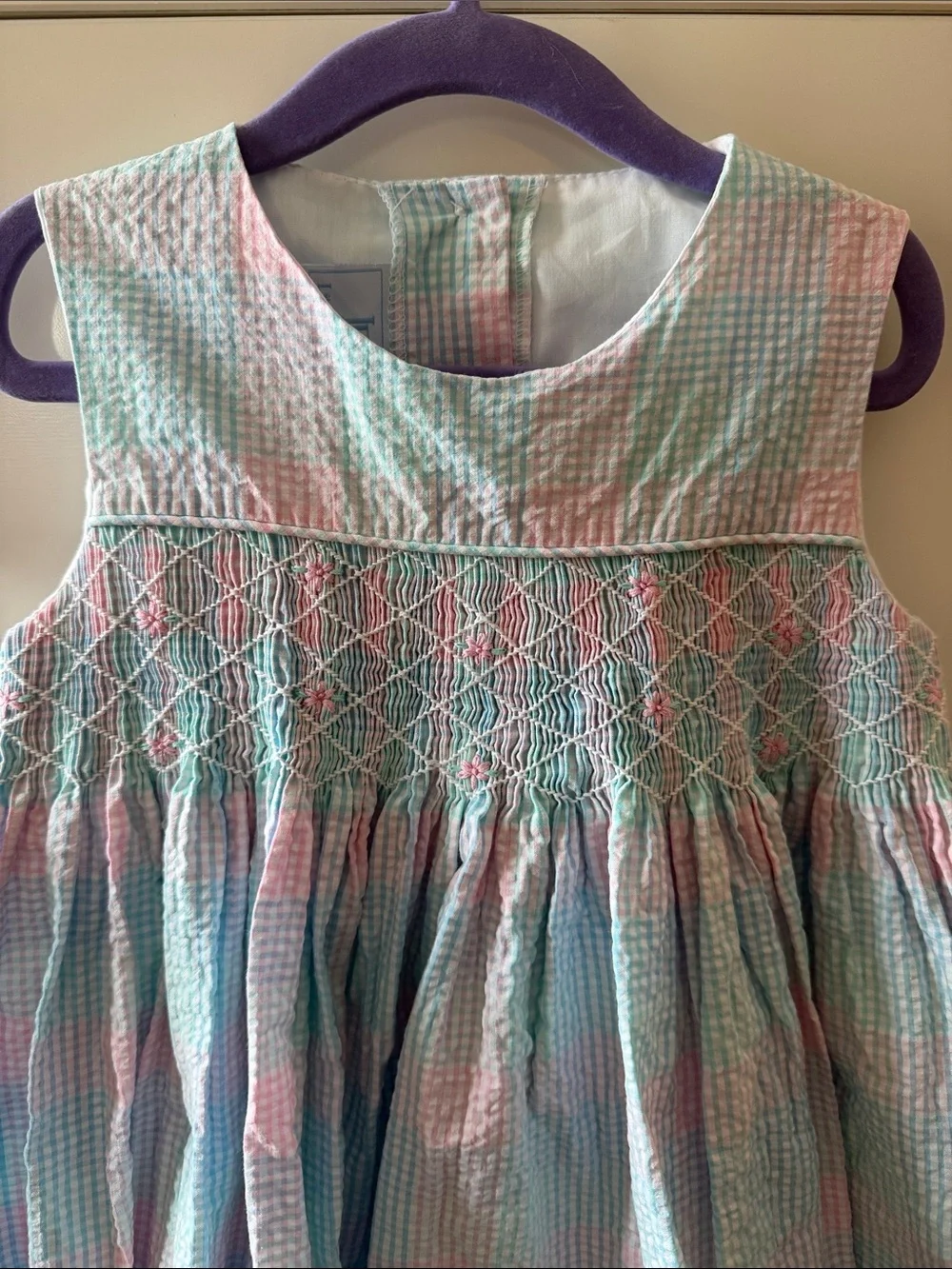 Little English Pastel Smocked Seersucker Dress in Blue, Pink & Mint